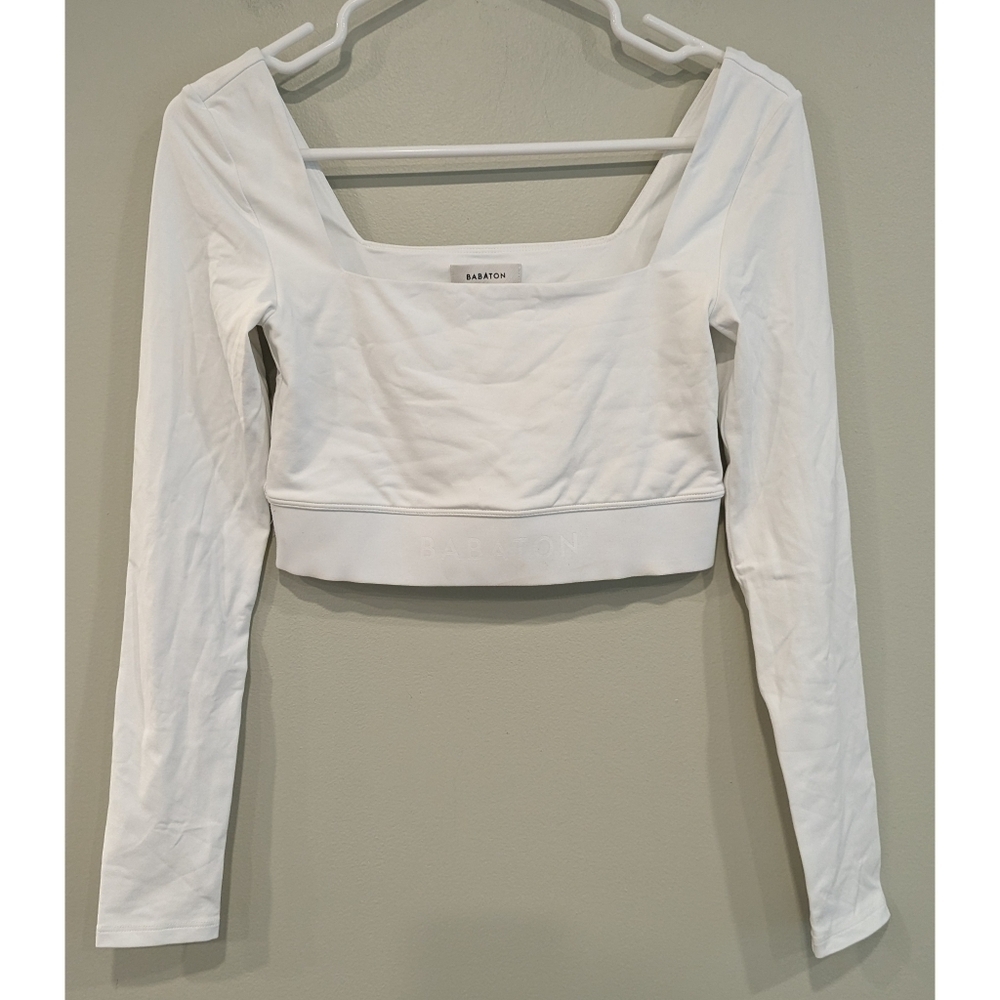 Babaton White Cropped Long Sleeve Square Neck Athletic Top Size Small